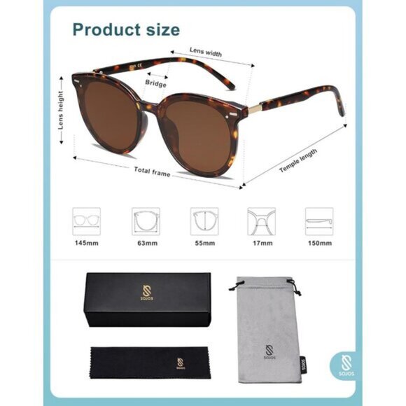 🆕SOJOS Womens Dark Brown Classic Round Retro Vintage Large Frame Sunglasses - Picture 7 of 7